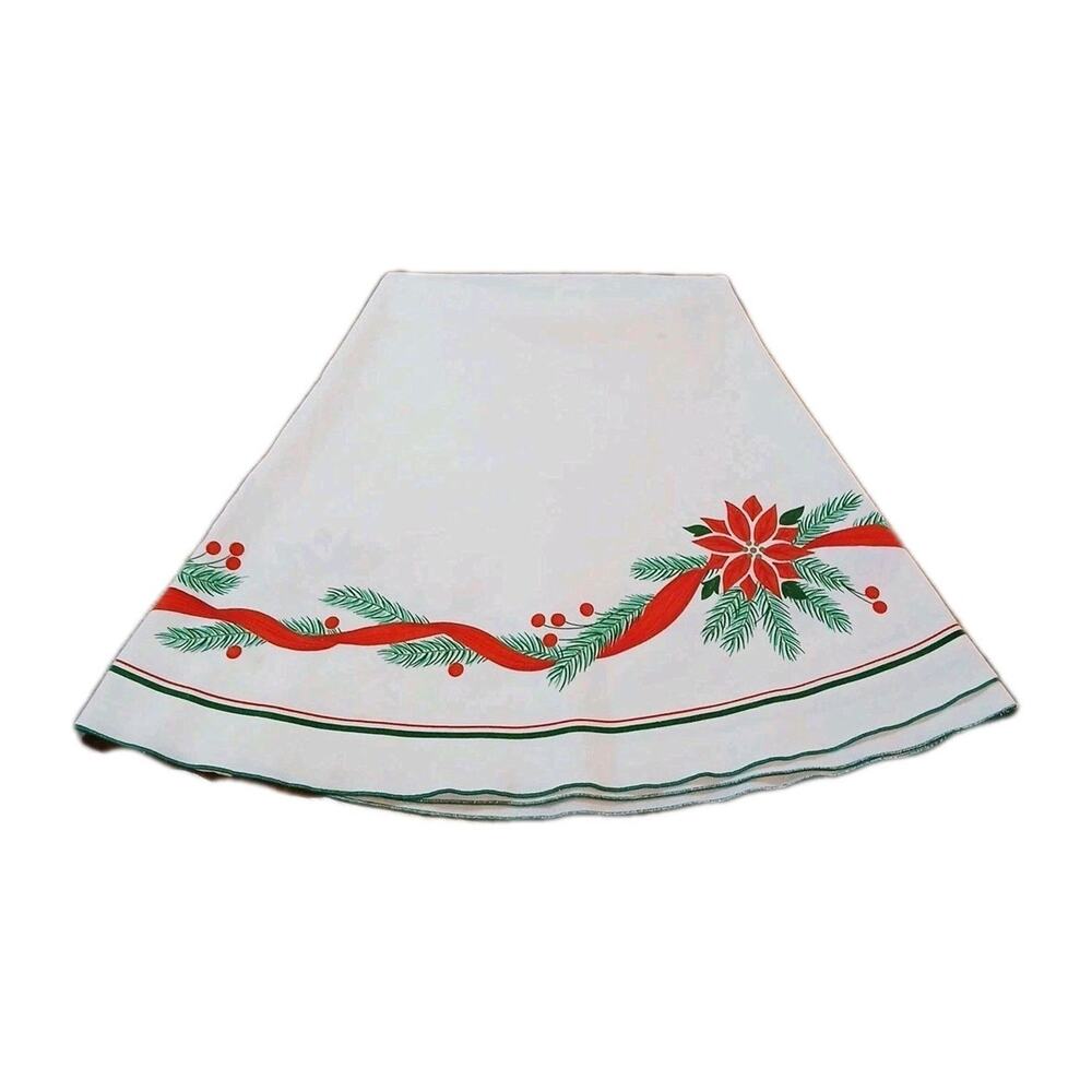 VTG 1980’s Kmart Christmas Poinsettia Red Ribbon 68"‎ Round Tablecloth READ